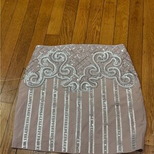 Express Taupe Mini Skirt with Silver Sequin Swirl Detailing